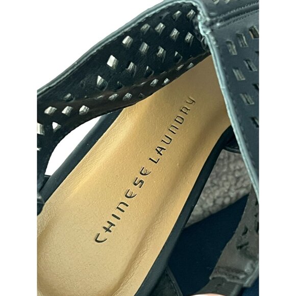 Chinese Laundry Platform Sandals 7.5 Black Wedge Peep Toes Zipper Closure - Picture 8 of 10